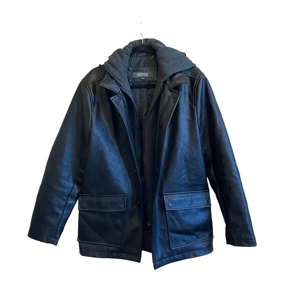Kenneth Cole Reaction S leather jacket black and charcoal gray hoodie